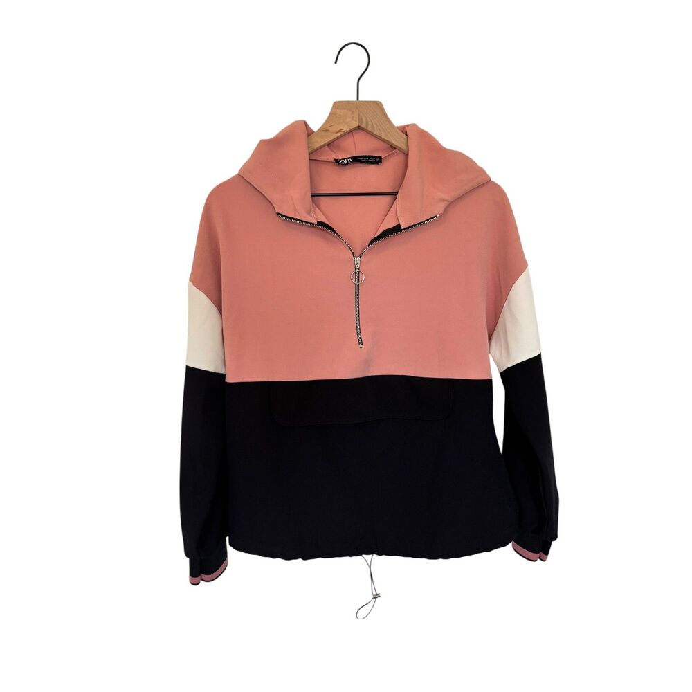 Zara Colorblock Quarter Zip Pullover Running Jacket Retro Pink Black White S